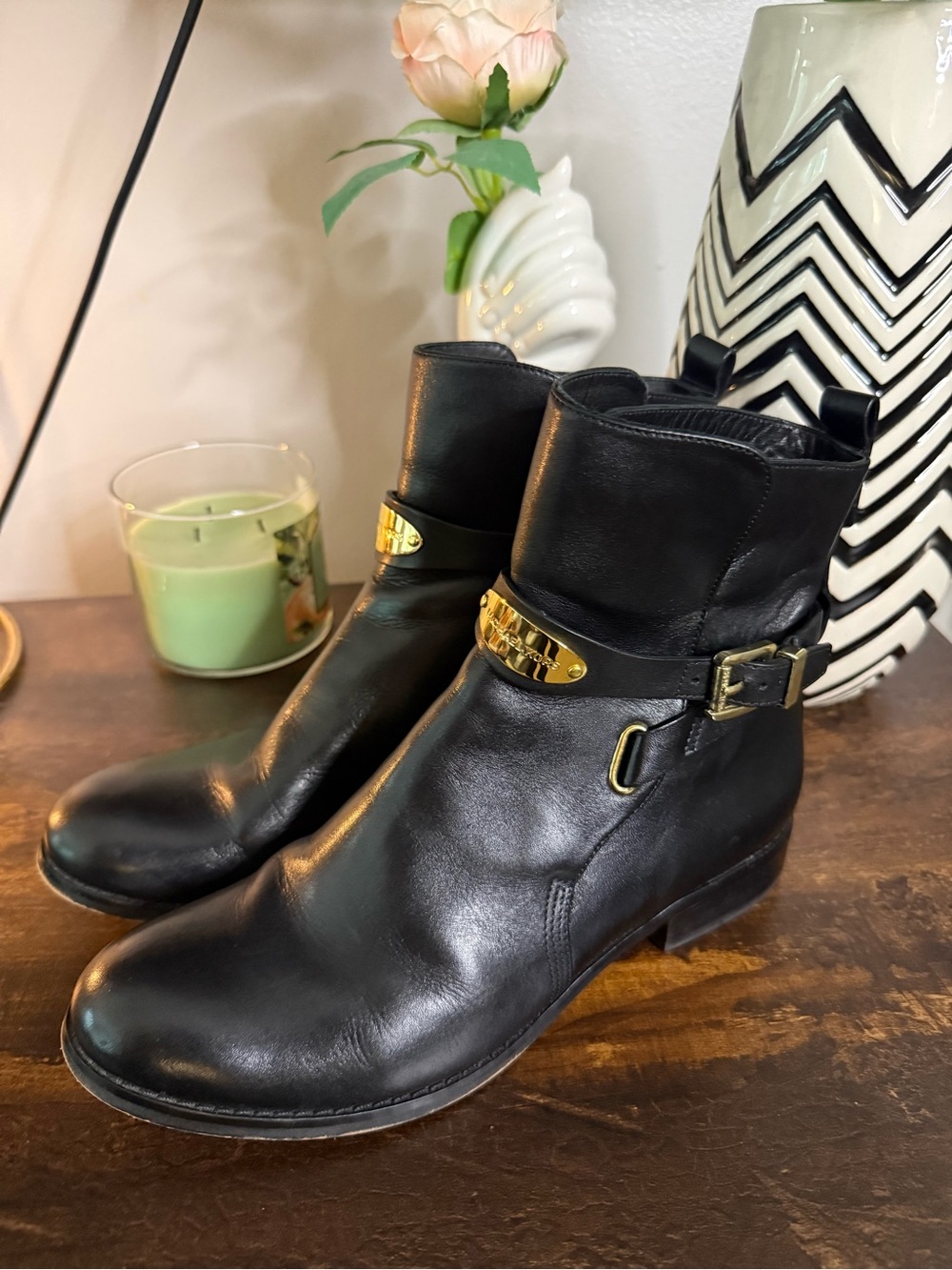 Michael Kors Black Leather Ankle Boots with Gold Hardware